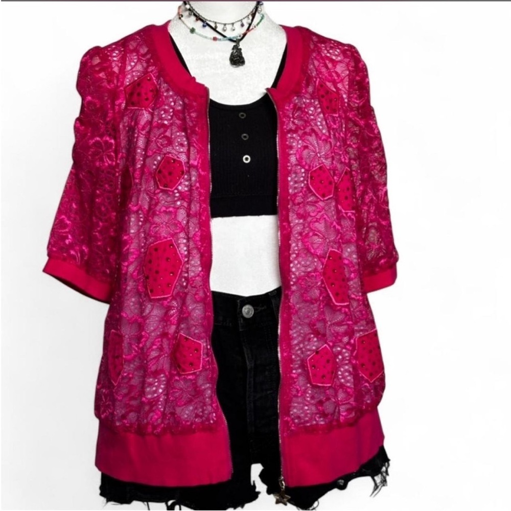 Hot Pink Y2K McBling Japanese Lace Zip-Front T-Shirt Cardigan - Picture 2 of 10